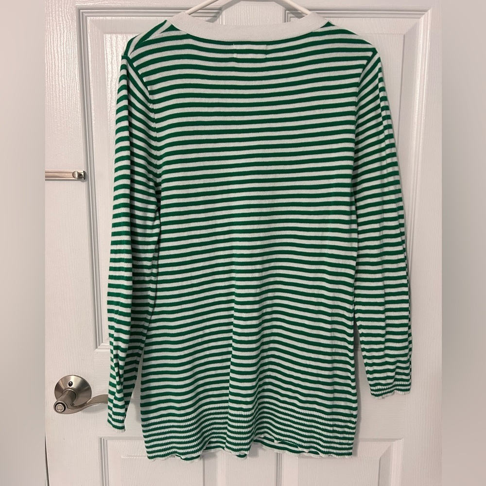 $5 Women’s Green and White Stripe Black Button Vneck Long Cardigan Sweater Small - Picture 5 of 5
